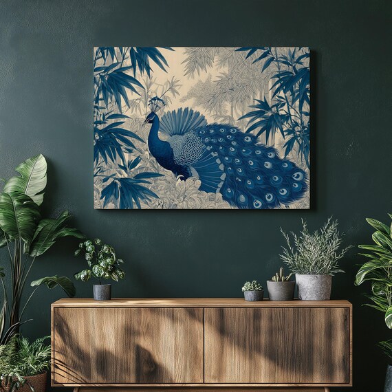 Peacock Bamboo Tropical Canvas Wall Art Blue In Botanical Exotic Bird Decor Bohemian Print Wildlife Painting Gift