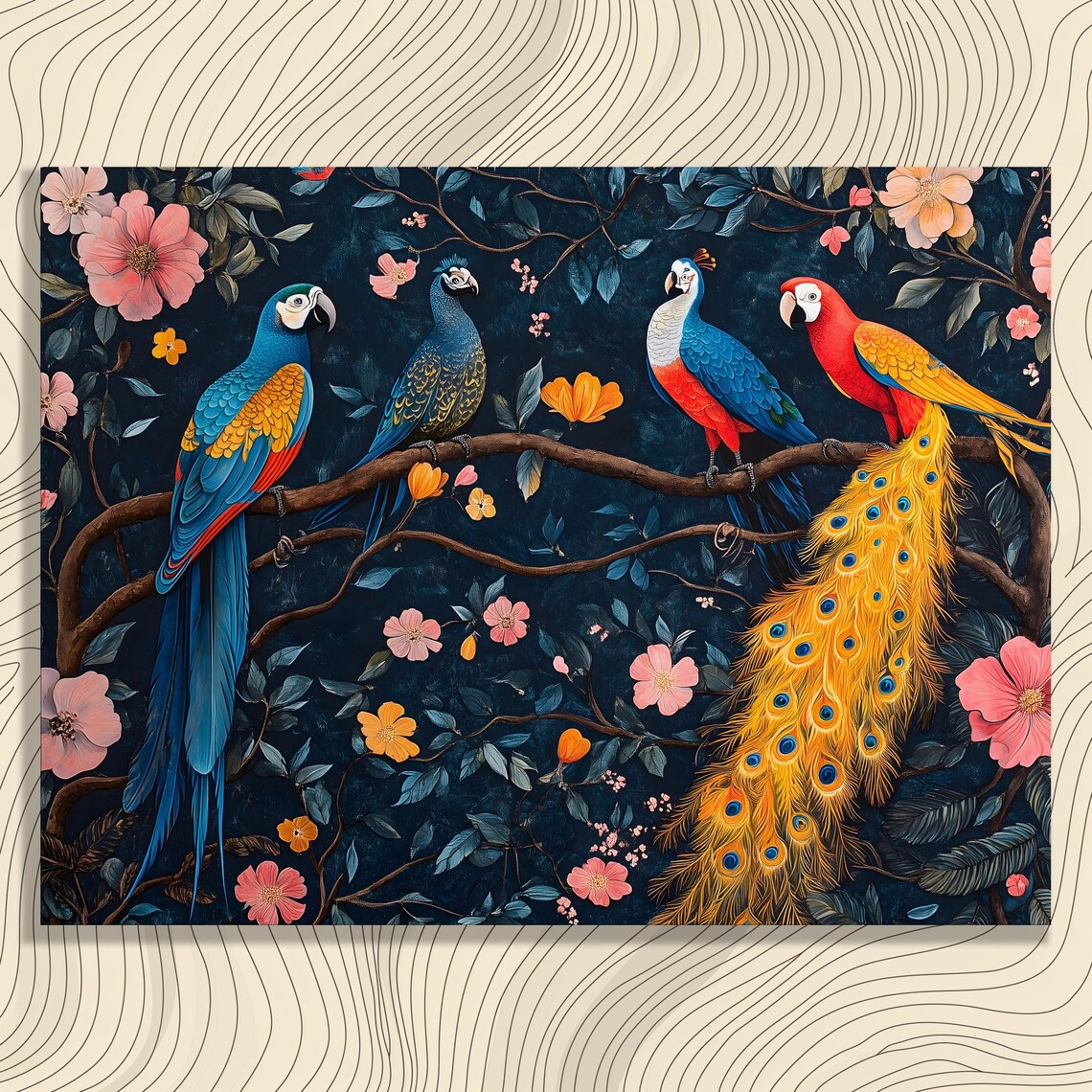 Colorful Macaws Golden Peacock Tropical Birds Floral Night Art Poster