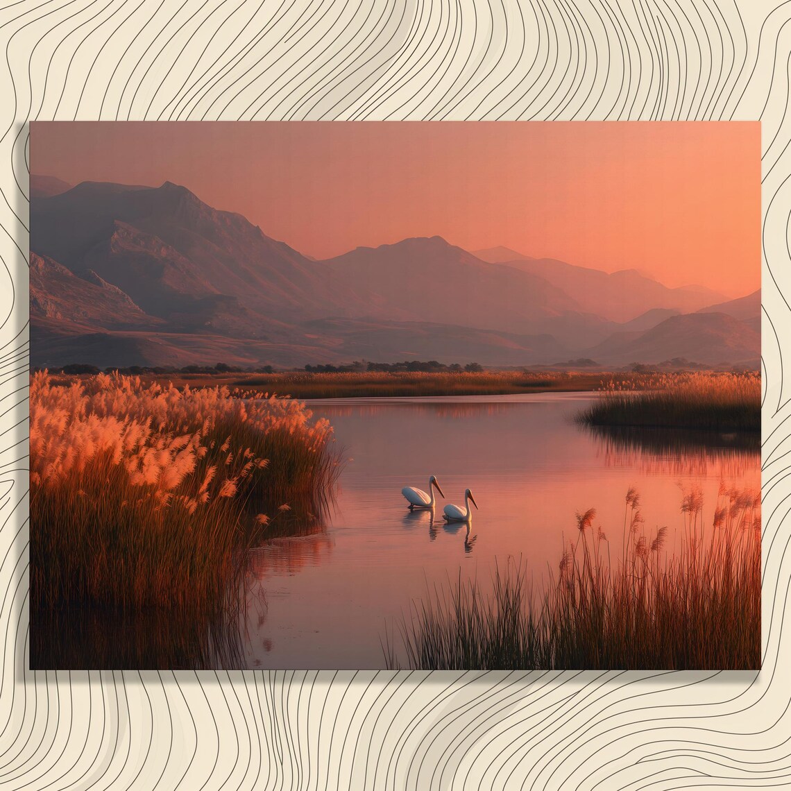 Two Pelicans Calm Lake Sunset Mountains Wildlife Nature Poster