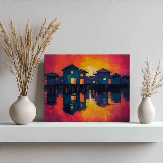 Benin Canvas Wall Art Vivid Stilt Village Ganvie Reflection Serene Lake Sunset Hues Traditional Homes Decorative Artwork Dynamic Cultural