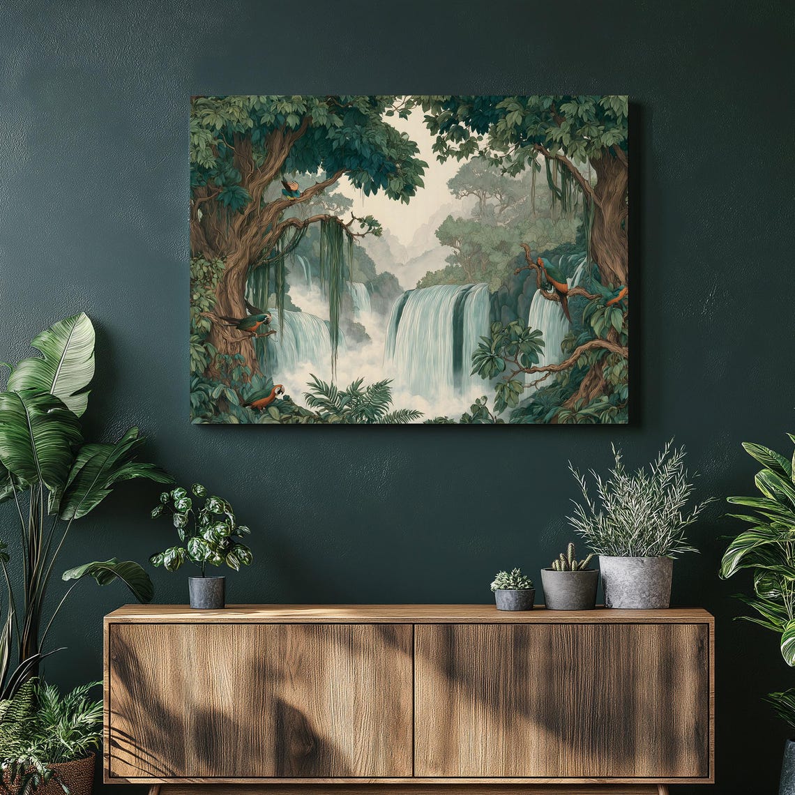Tropical Rainforest Waterfall Parrots Vintage Botanical Wall Art