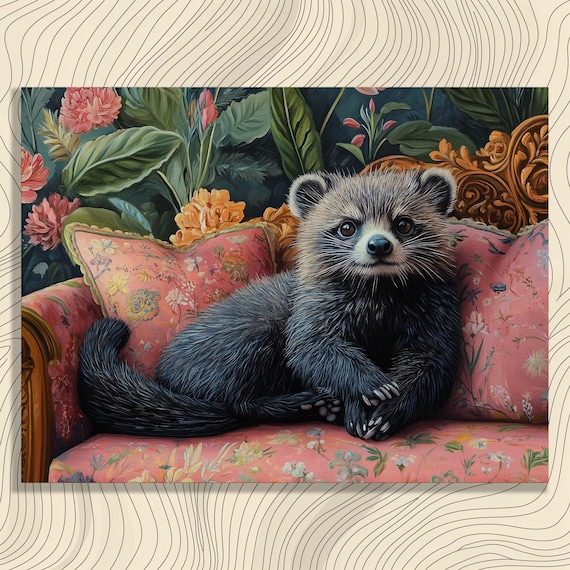 Binturong on Floral Sofa Wall Art Cozy Wildlife Painting Lush Greenery