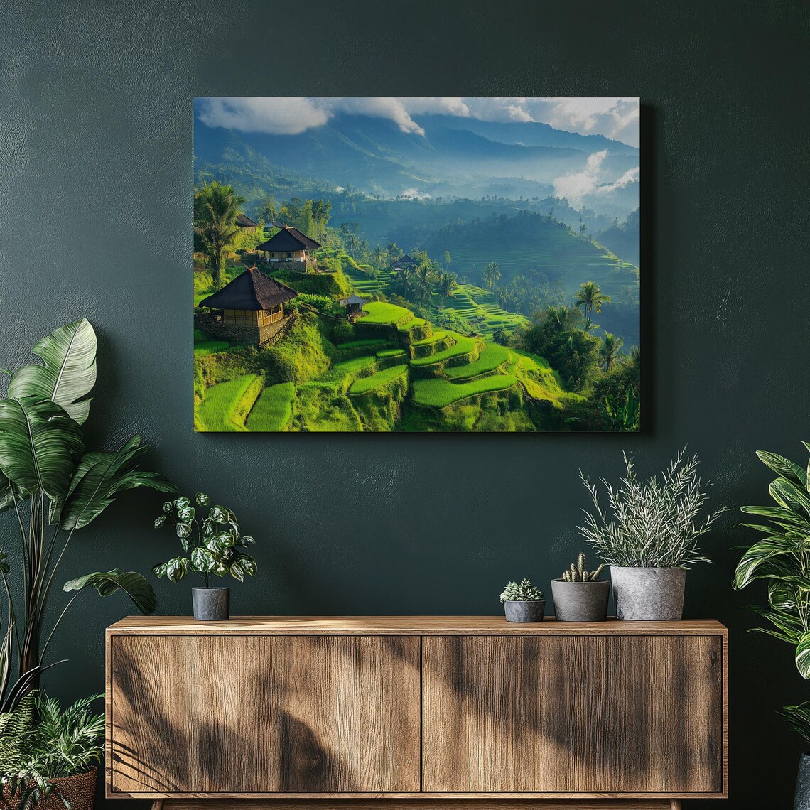 Emerald Rice Terraces Misty Mountain Village Green Fields Poster