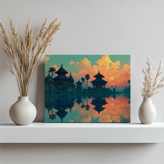 Sunset Pagoda Reflection Canvas Wall Art Tropical Temple Landscape Print Colorful Modern Decor Tranquil Lake View Palm Silhouettes