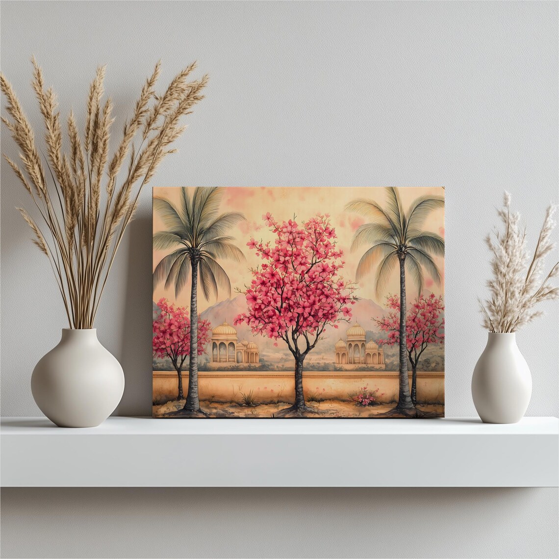 Pink Blossom Palace Garden With Palm Trees Vintage Art Print
