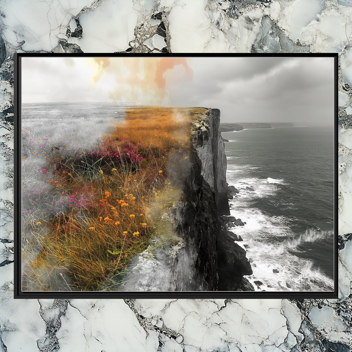 Moody Coastal Cliff Wildflowers Dramatic Seascape Nature Poster