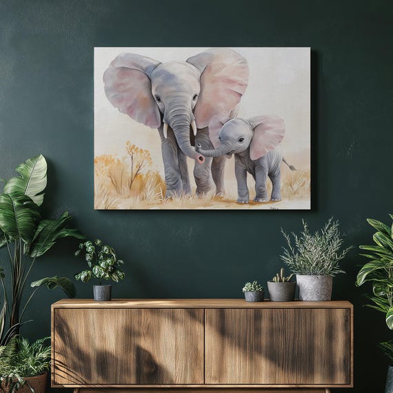 Watercolor Mother And Baby Elephant Canvas Wall Art Print Safari Nursery Decor Painting Gift For Kids Animal Home