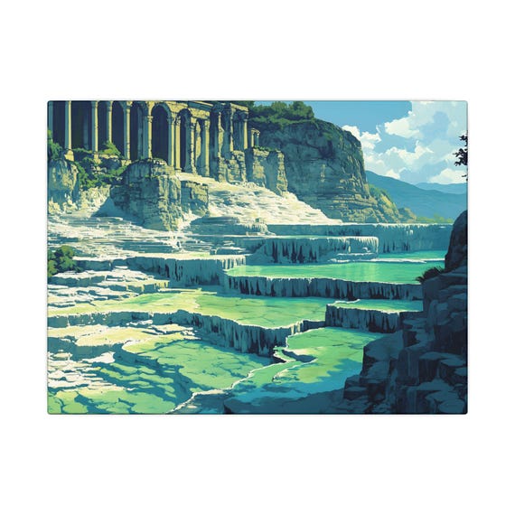 Pamukkale Travertine Terraces Canvas Wall Art Ancient Ruins Landscape Illustration Turquoise Pools Travel Decor Print In Turkey