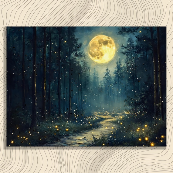 Mystical Forest Canvas Wall Art Full Moon Nature Painting Starry Night Moonlight Artwork Fireflies Print Phases