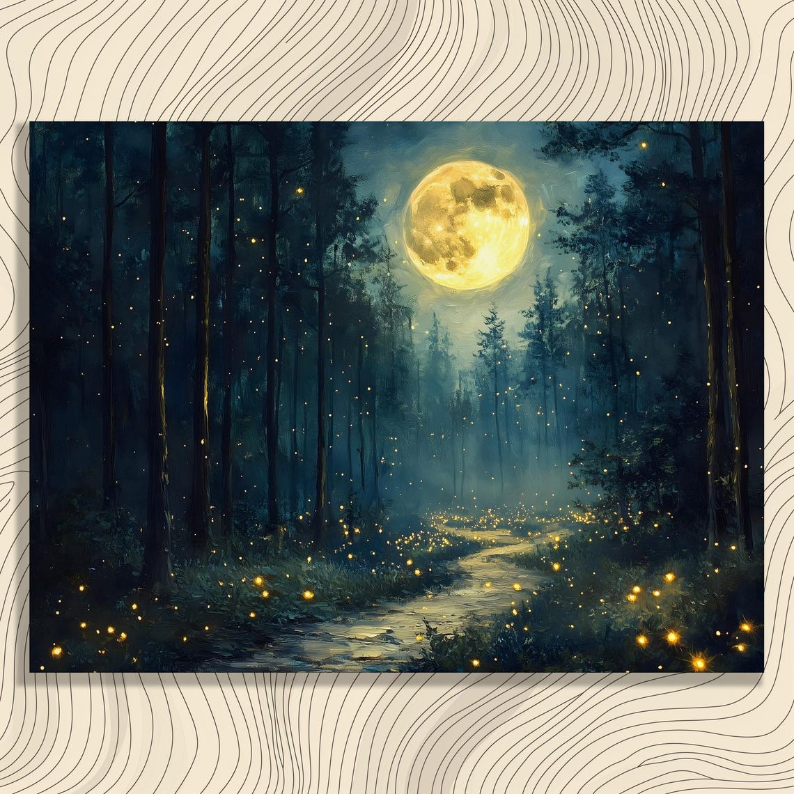 Mystical Full Moon Forest Fireflies Night Path Enchanted Poster