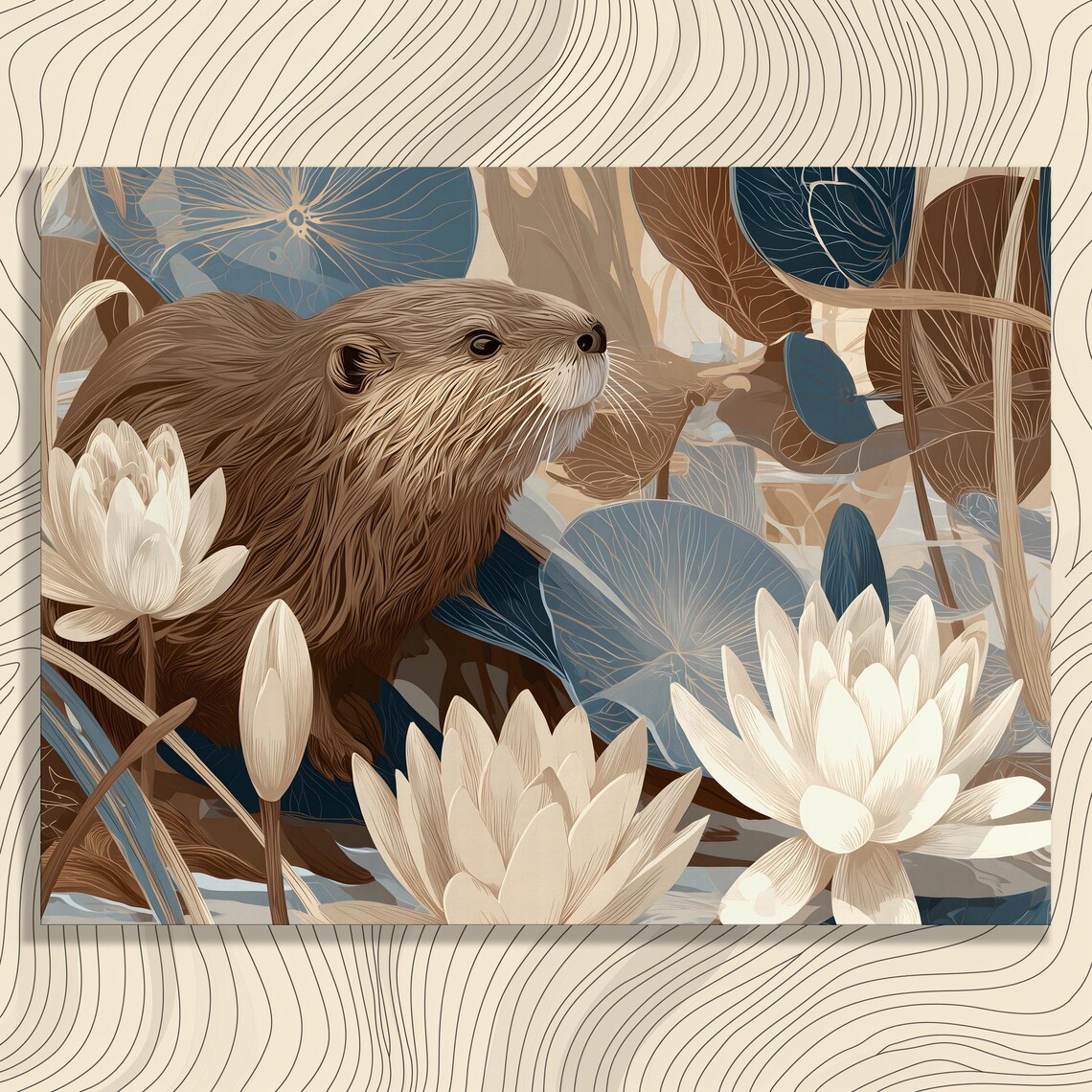Otter Pond Canvas Wall Art Modern Botanical Illustration Nature Print Water Lilies Lily Pad River Decor Animal Artwork