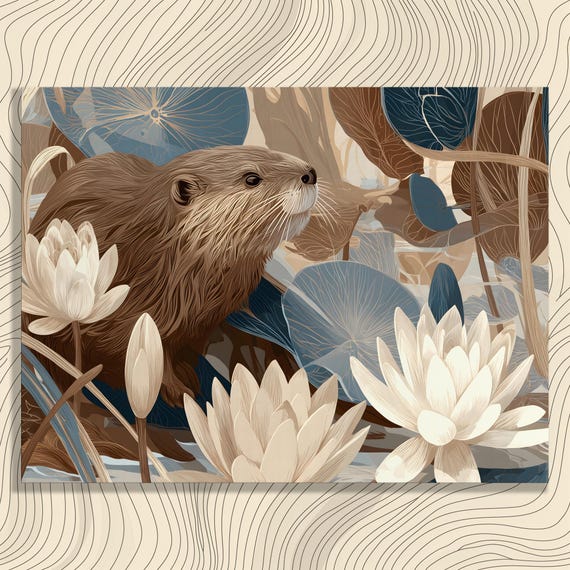 Otter Pond Canvas Wall Art Modern Botanical Illustration Nature Print Water Lilies Lily Pad River Decor Animal Artwork
