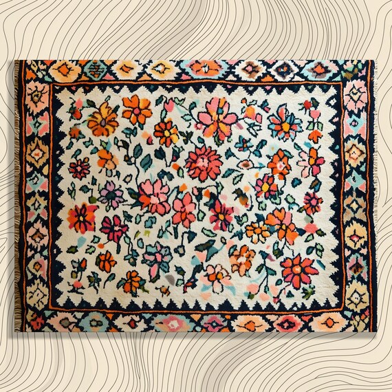 Vibrant Floral Folk Rug Pattern Bohemian Textile Vintage Art Print