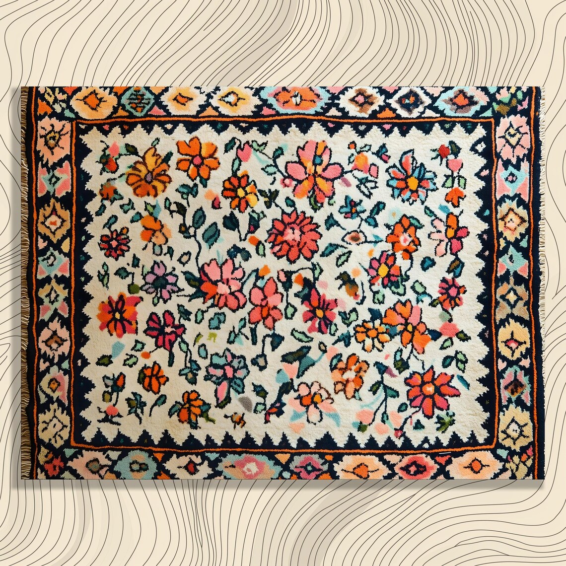 Vibrant Floral Folk Rug Pattern Bohemian Textile Vintage Art Print