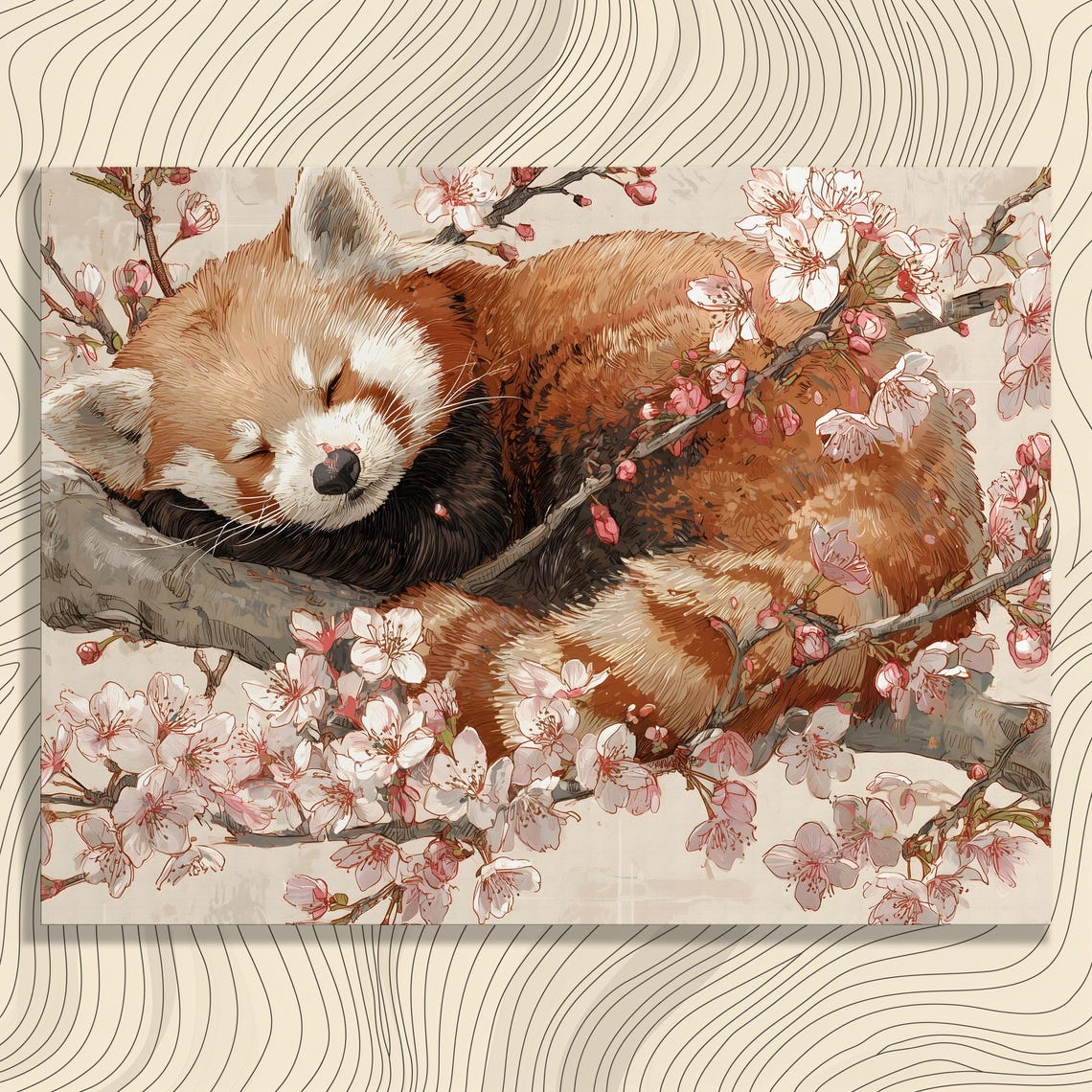 Sleeping Red Panda Cherry Blossom Watercolor Wildlife Poster