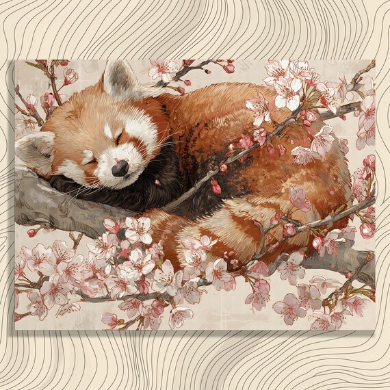 Red Panda Canvas Wall Art Cherry Blossom Botanical Watercolor Wildlife Painting Print Cute Animal Decor Nature Inspired Gift