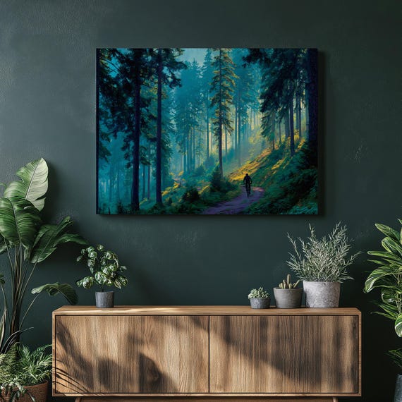 Sunlit Forest Canvas Wall Art Mountain Bike Trail Nature Print Misty Woods Cycling Decor Outdoor Landscape Pine Tree Greenery