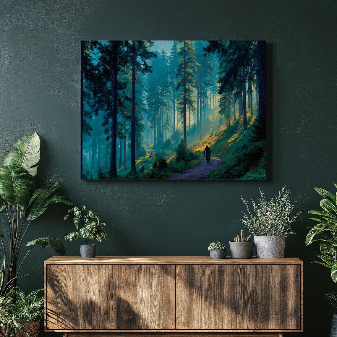 Sunlit Mountain Bike Trail Forest Misty Pine Woods Cycling Poster