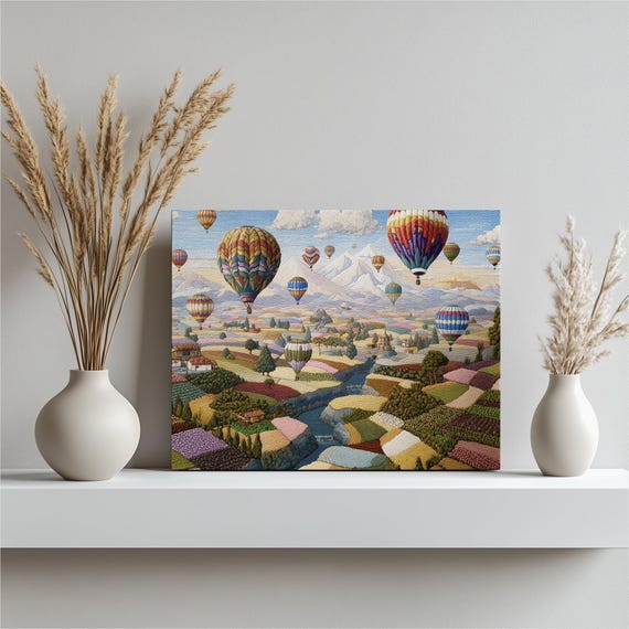 Hot Air Balloons Canvas Wall Art Colorful Mountain Landscape Print Farmhouse Decor Countryside Painting River Valley Aerial View Gift