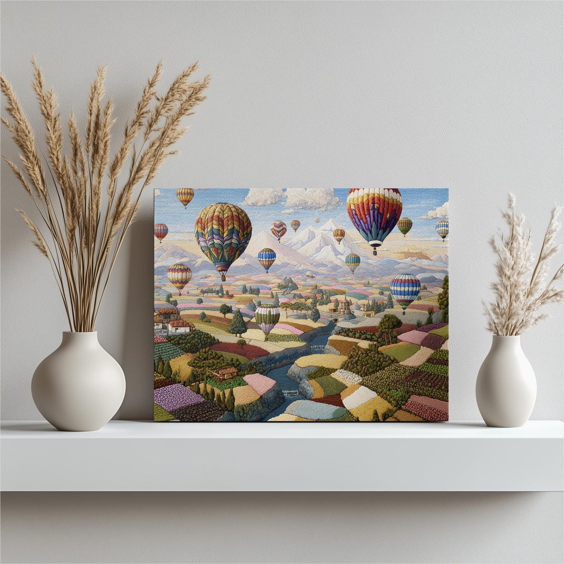 Hot Air Balloons Colorful Patchwork Valley Mountain Painting Poster