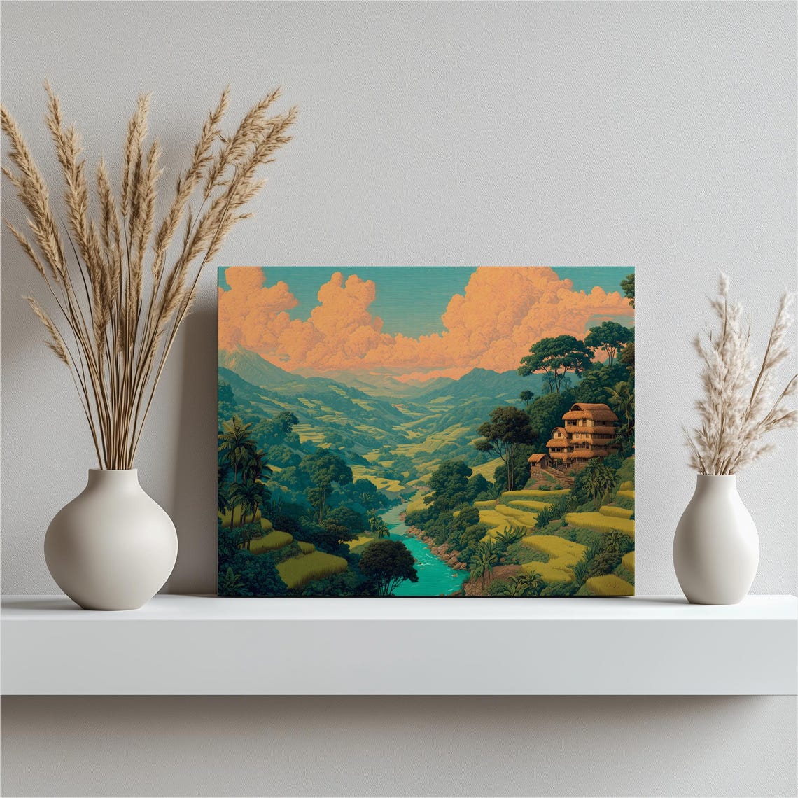 Tropical Valley Rice Terraces Jungle River Illustration Poster