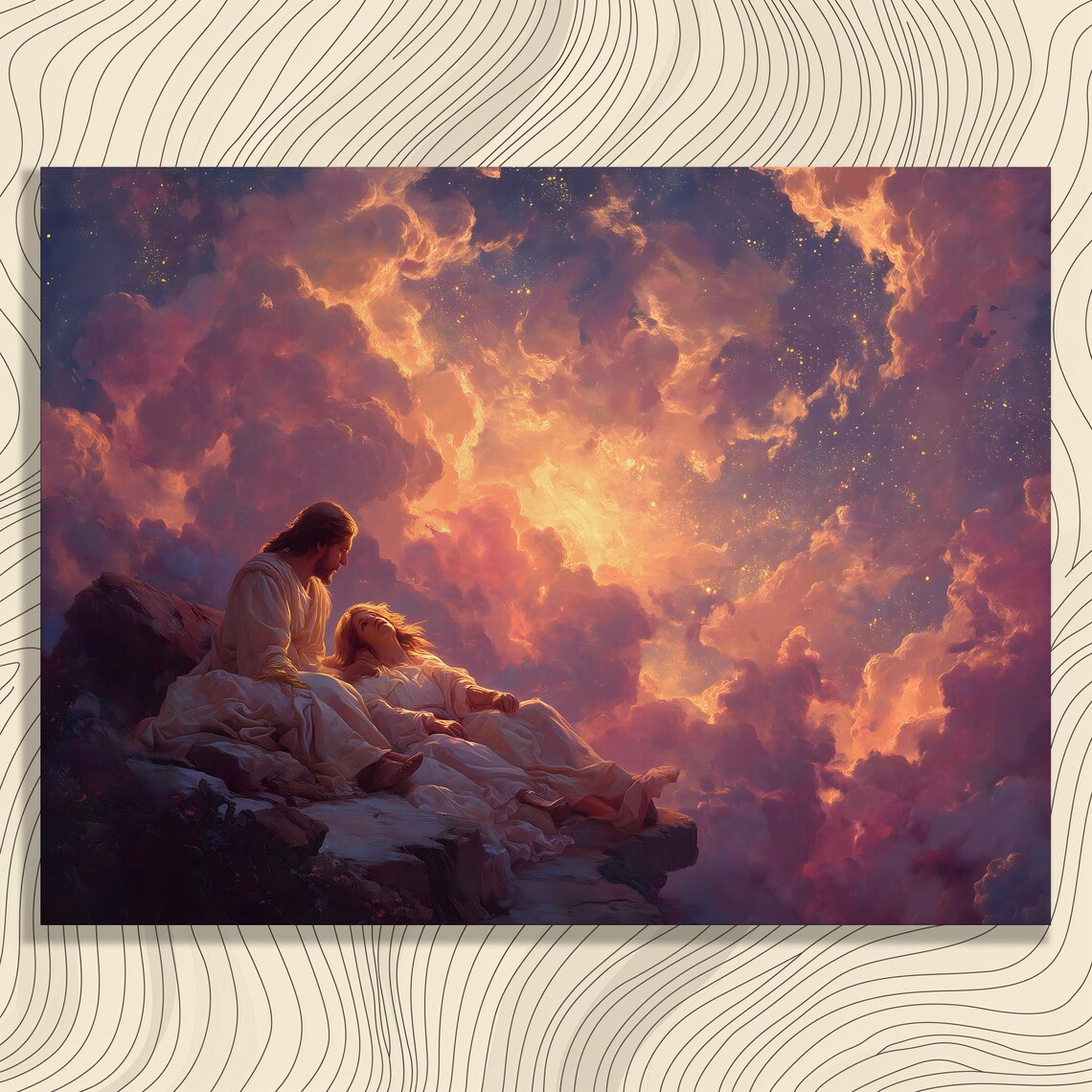 Jesus Comforting Woman Golden Celestial Clouds Christian Art Poster