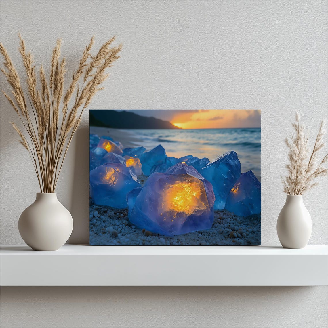 Glowing Crystal Beach Sunset Ocean Stones Magical Shore Art Print