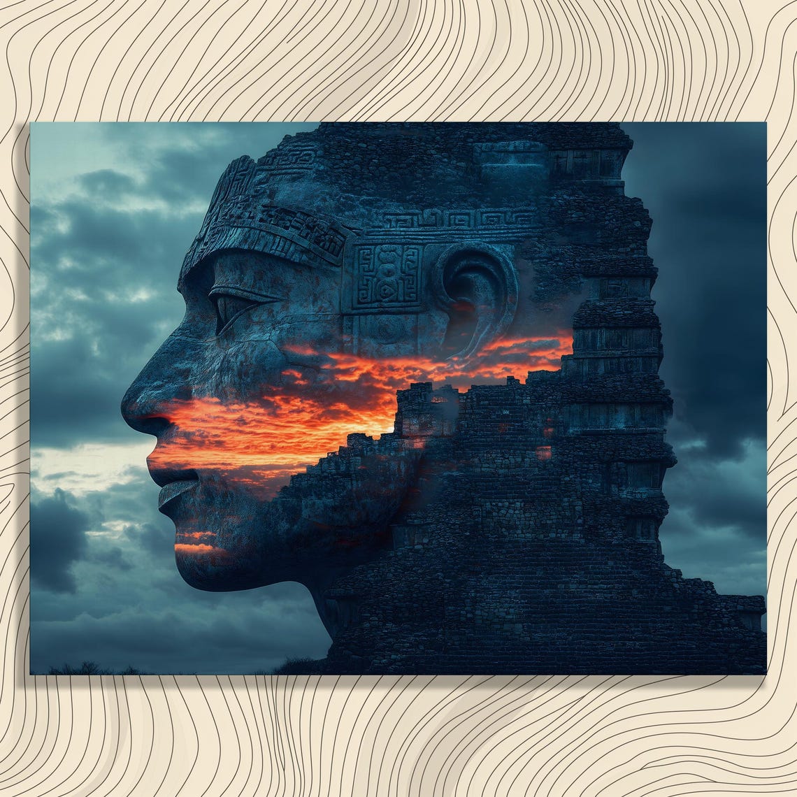 Surreal Abstract Sunset Canvas Wall Art Ancient Egypt Stone Face Landscape Print Gothic Mystical Ruins Decor And Dramatic Clouds
