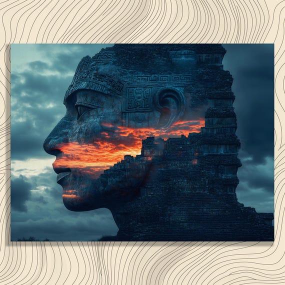 Surreal Abstract Sunset Canvas Wall Art Ancient Egypt Stone Face Landscape Print Gothic Mystical Ruins Decor And Dramatic Clouds