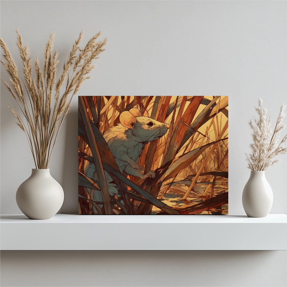 Field Mouse Golden Marsh Reeds Storybook Illustration Wall Art