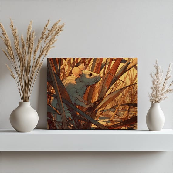 Field Mouse Marsh Canvas Wall Art Modern Wildlife Print Nature Illustration Rustic Brown Orange Reeds Landscape Decor Painting Gift