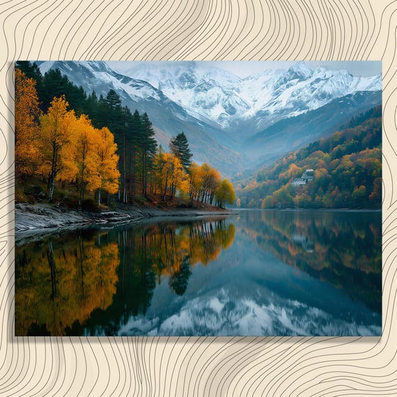 Autumn Mountain Lake Wall Art Golden Larches Snow Peak Reflection