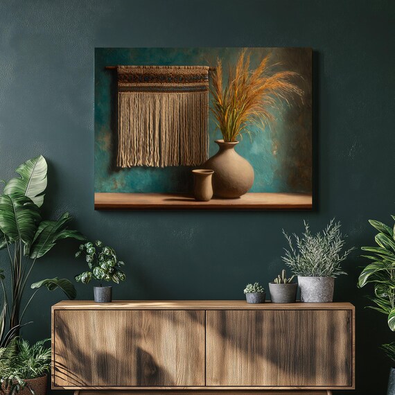 Boho Macrame Canvas Wall Art Neutral Tapestry Decor Hanging Pampas Grass Print Rustic Bohemian Home Gallery Gift