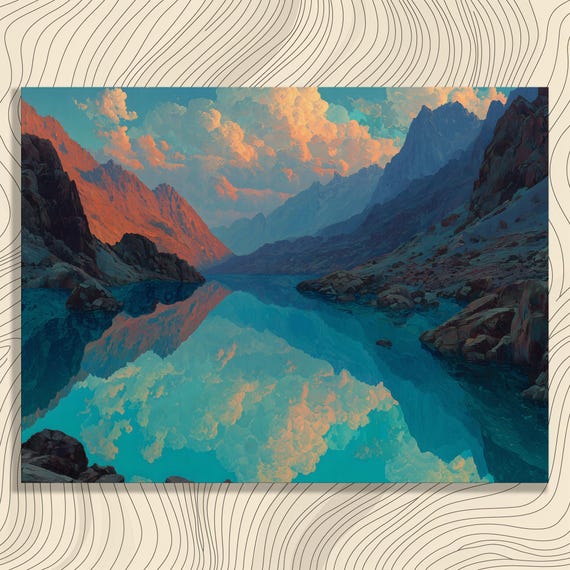 Serene Mountain Lake Canvas Wall Art Tranquil Nature Landscape Print Reflection Poster Scenery Decor Cloud Artwork