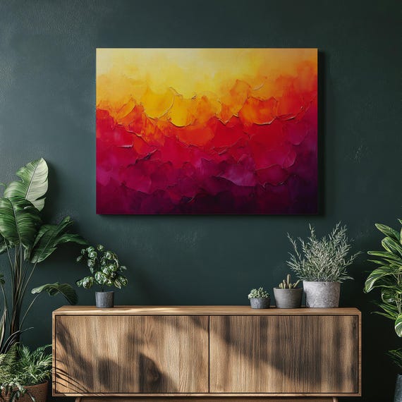 Abstract Sunrise Canvas Wall Art Vibrant Bold Brushstrokes Modern Painting For Home Decor Energetic Red Orange Yellow Artwork Bedroom