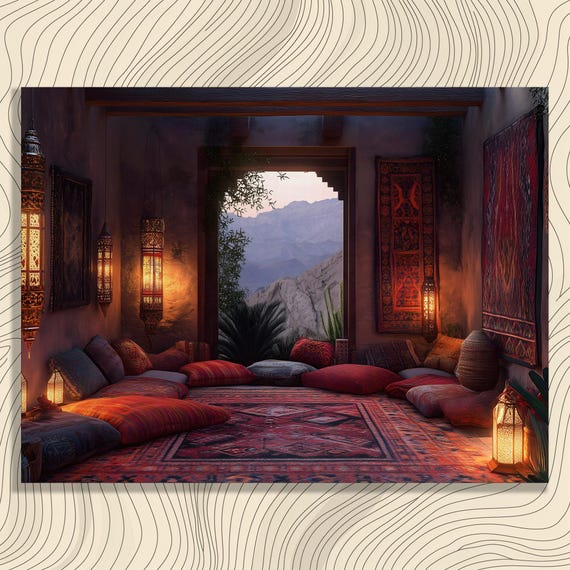 Moroccan Lantern Lounge Canvas Wall Art Cozy Desert Retreat Decor