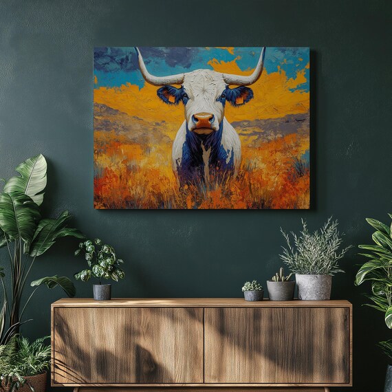 Santa Gertrudis Longhorn Cow Desert Sunset Western Art Wall Poster
