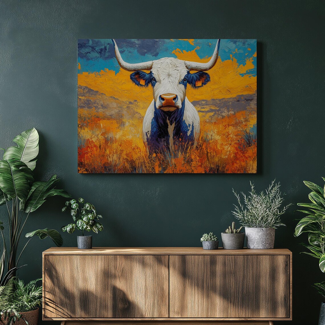 Santa Gertrudis Longhorn Cow Desert Sunset Western Art Wall Poster