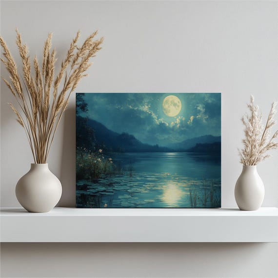 Moonlight Canvas Wall Art Serene Pond Oil Painting Under Moonlit Sky Nature Home Decor For Living Room Bedroom