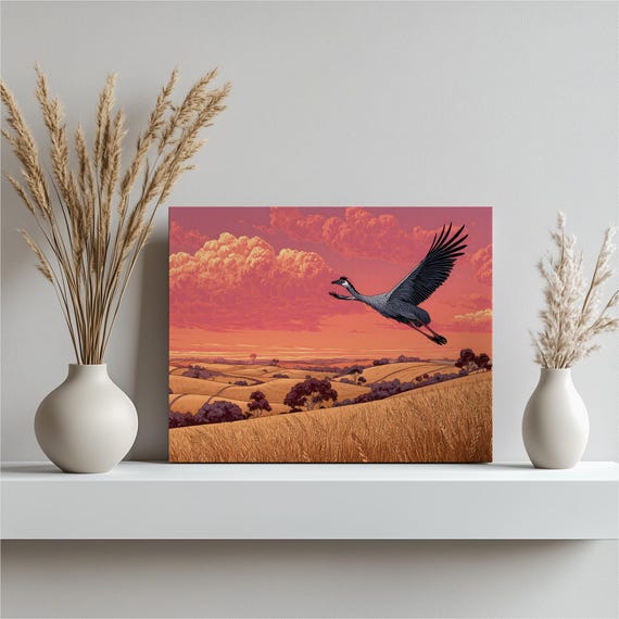 Sunset Crane Landscape Canvas Wall Art Colorful Wheat Field Rolling Hills Pink Sky Clouds Nature Decor Modern Bird Illustration Print