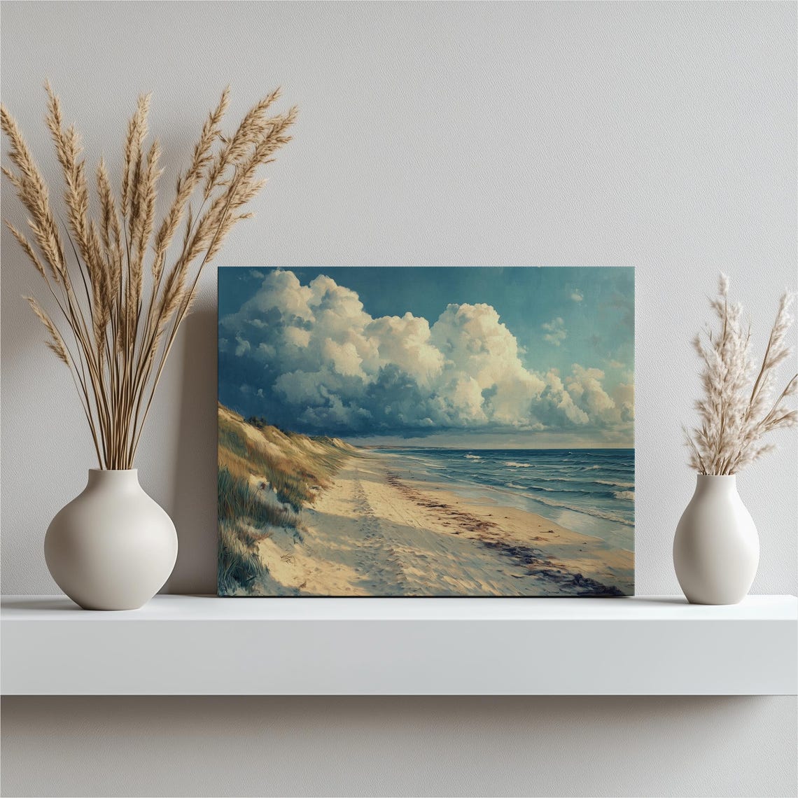 Serene Sandy Beach Dunes Ocean Waves Dramatic Cloudscape Poster