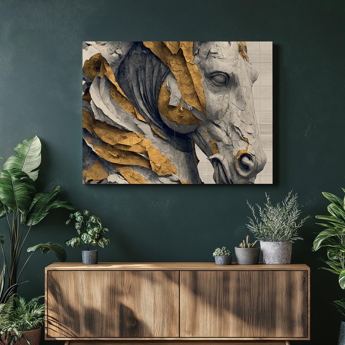Elegant Golden Equine Sculpture Horse Head Marble Texture Print