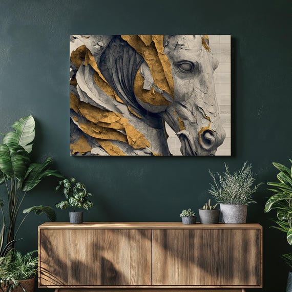 Majestic Horse Canvas Wall Art Golden Equine Sculpture Print Modern Classical Statue Decor Metallic Blueprint Illustration