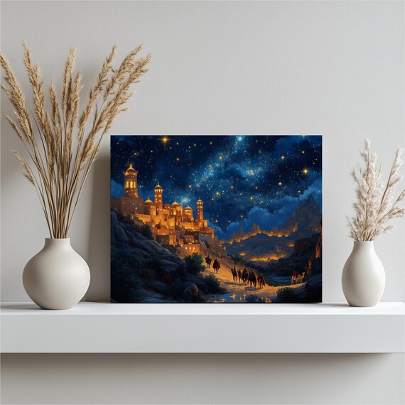 Caravanserai Canvas Wall Art Unique Starry Night Decor With Camels Travelers Adventure Exotic Bedroom Entrance And Living Room