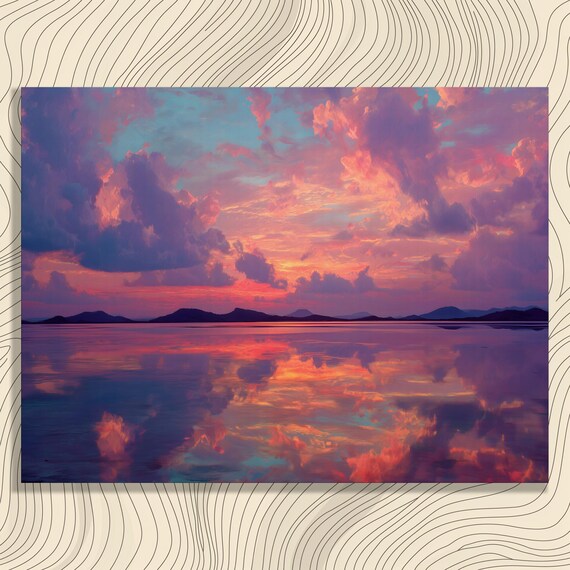 Vibrant Sunset Ocean Seascape Lavender Sky Waves Reflection Wall Art