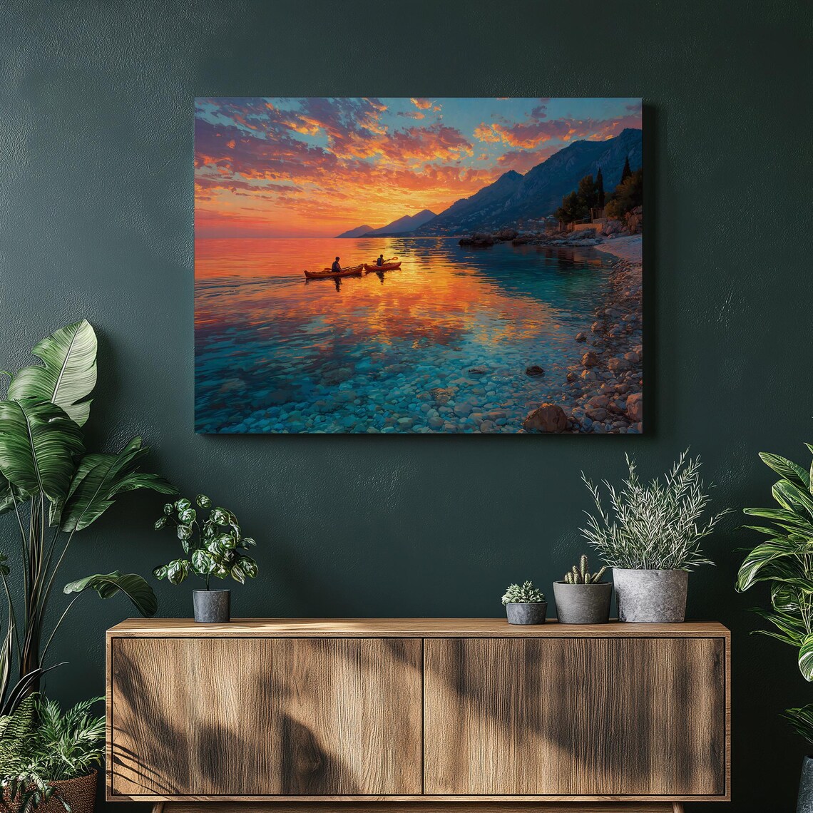 Sunset Kayakers Turquoise Sea Mountain Shoreline Coastal Poster