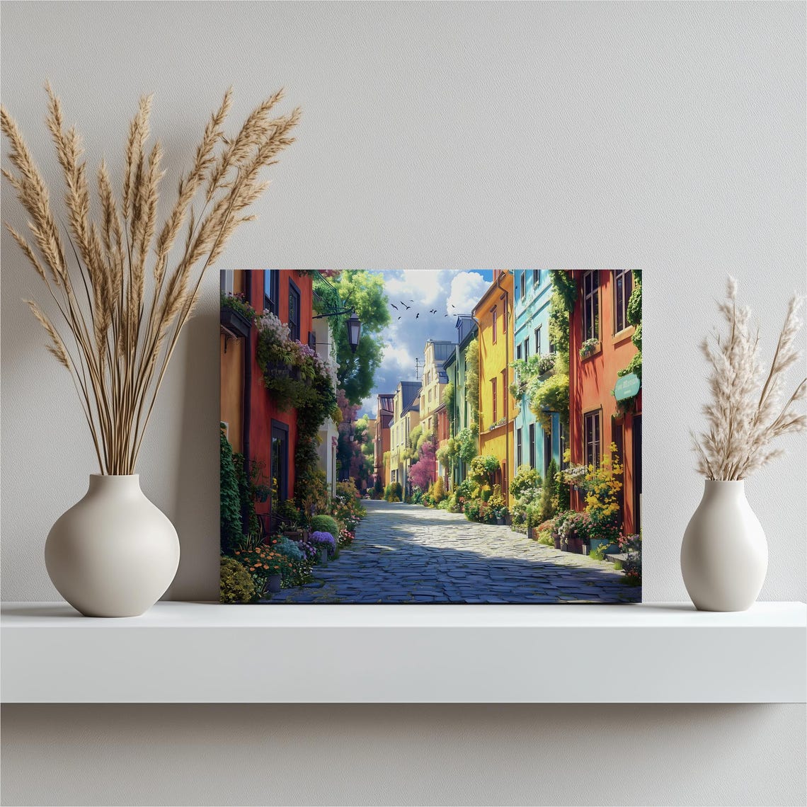 Colorful European Street Canvas Wall Art Cobblestone Lane With Flower Filled Houses Cityscape Print For Travel Lovers Village Decor