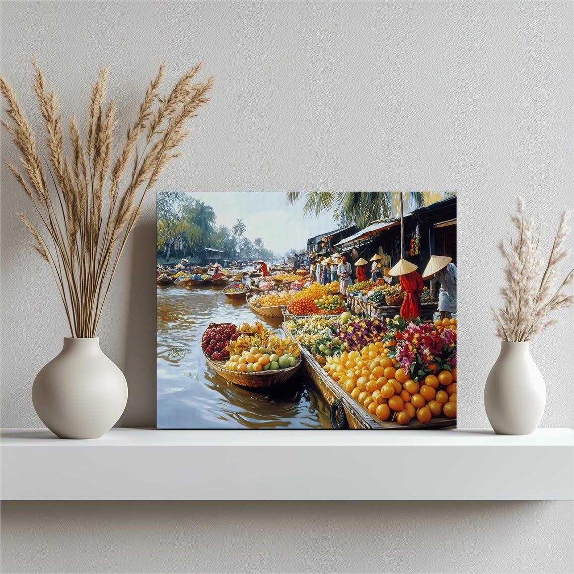 Vietnam Floating Market Colorful Fruit Boats Canvas Art Poster