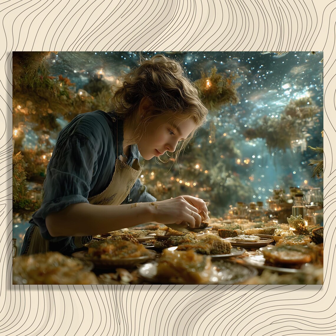 Magical Night Feast Fantasy Kitchen Poster for Cozy Home Decor