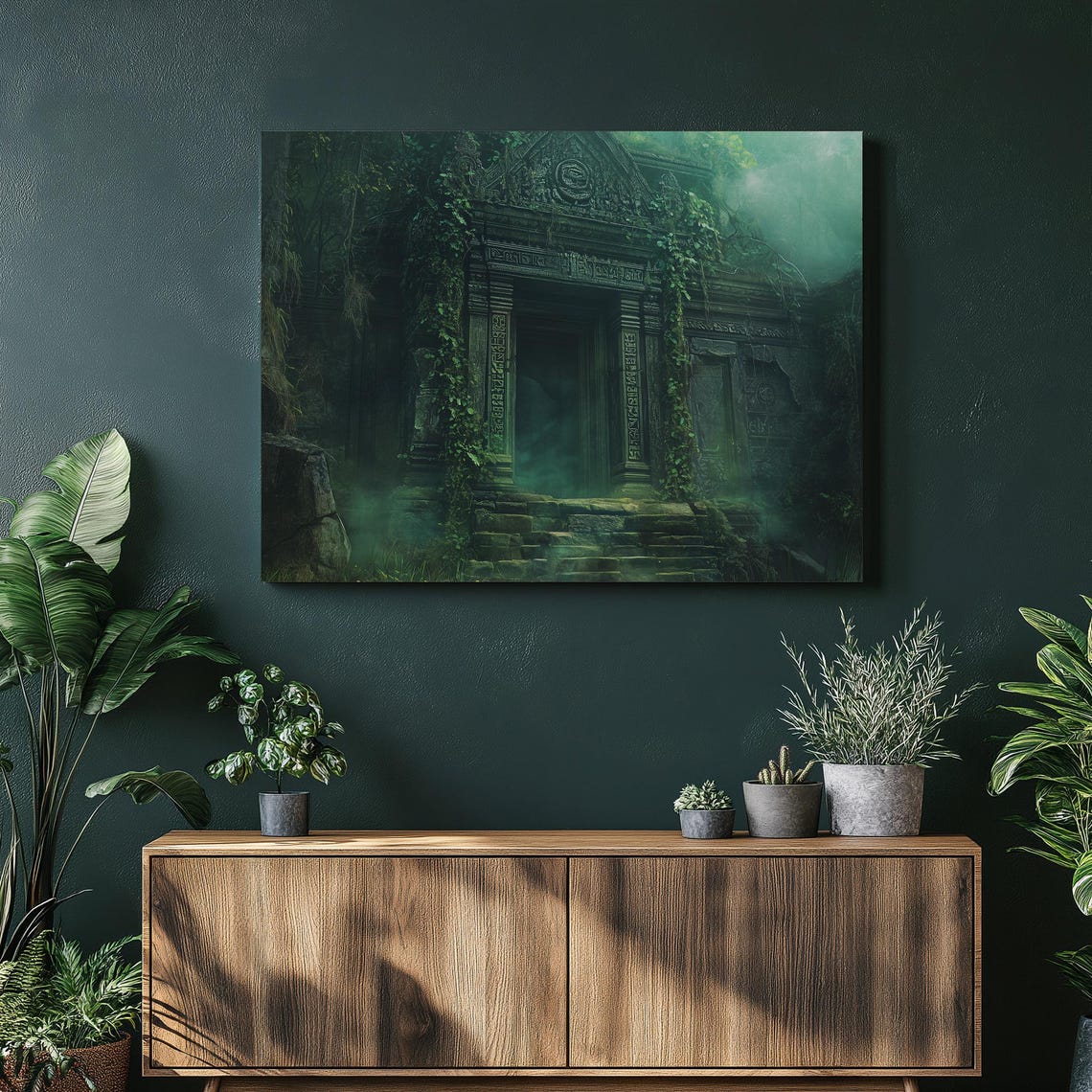 Mysterious Ancient Temple Ruins Overgrown Jungle Green Poster
